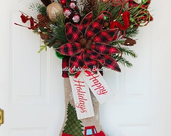 Stocking  Wreath, Christmas Stocking arrangement,  holiday wreaths, Wreaths, ,  Christmas Door Hanger, Christmas gifts, Buffalo check wreath