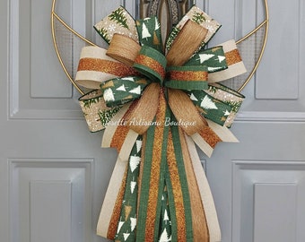 Christmas bow, Wreath bow, Lantern bow,  bow, Green natural and copper bow, beautiful Christmas bow , Tree topper bow, decorative bow