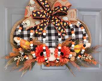 Pumpkin wreath, Beaded  pumpkin wreath, Fall Halloween F Door wreath ,  Candy corn Pumpkin wreath, Buffalo check Decor, Fall Door Hanger