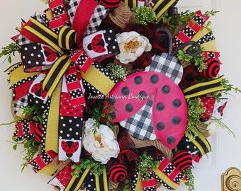 Ladybug  wreath, Front Door Wreath,  wreath for door,     DecoMesh wreath, spring wreath, summer wreath, red and yellow wreath