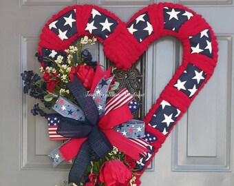 Patriotic  Wreath, Independence Day wreath for Front Door ,  heart door hanger, summer wreath,  4th July wreath, patriotic Decorative Accent