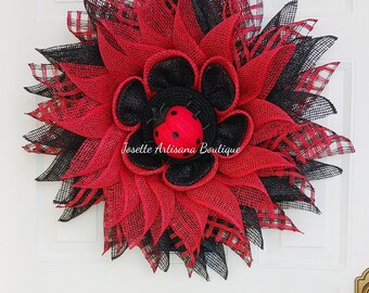 Poly Burlap wreath,  burlap flower wreath, summer wreath, ladybug flower wreath, Door wreath, wreaths, front door wreath,  red black wreath