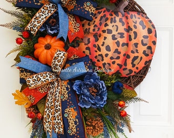 Fall Wreath,  Fall Navy Blue Wreath,Blue Wreath, Pumpkin wreath, Front Door Wreath, Fall Leopard print wreath, Thanksgiving wreath, wreaths