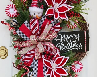 Christmas Wreath for Front Door, winter wreath, peppermint wreath, Buffalo check wreath , holiday wreaths, Front Door Wreath, Wreaths