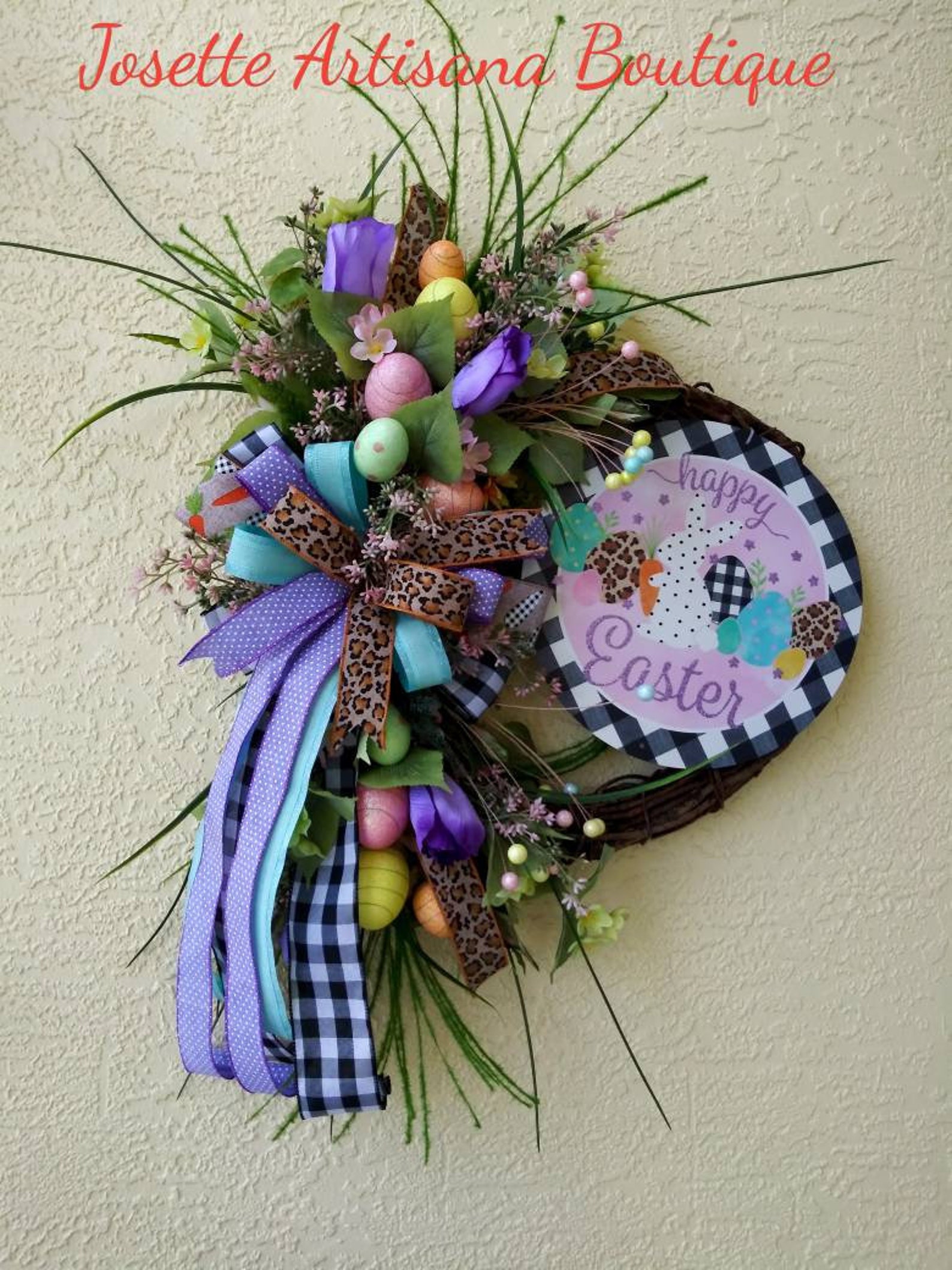 Partially Covered Happy Easter Bunny Grapevine Wreaths with Flowers, Greenery, Eggs and Twig Berries