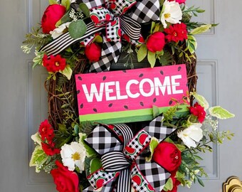 Watermelon wreath,  Buffalo check Wreath, spring Wreath, Summer wreath for front door, red wreath, welcome wreath for door, grapevine Wreath