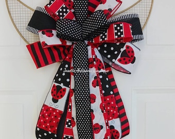 Ladybug bow, Lantern bow, summer bow,  Wreath bow, decorative Bow, spring bow, summer wreath bow, red and black,  white Wreath bow