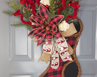 Stocking  Wreath, Stocking Christmas Wreath, holiday wreaths, Wreaths, ,  Christmas Door Hanger, grapevine stocking Wreath, Christmas gifts