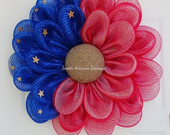 Patriotic flower, poly deco mesh flower, 4th of July  wreath, summer wreath,  Memorial Day wreath, independence day wreath, wreaths