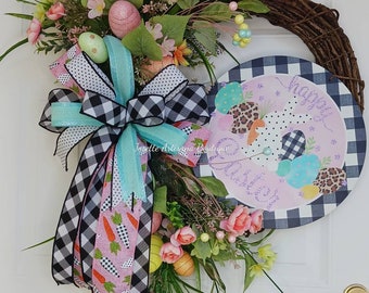 Easter Wreath, Easter Wreath for Front Door, Easter Eggs wreath, buffalo check Easter wreaths, Elegant Easter wreath, Happy Easter