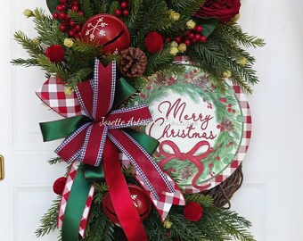 Christmas Wreath, Merry Christmas Wreath, Grapevine wreath, holiday wreath, Front Door Wreath, Traditional Christmas wreath, Oval wreath