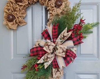 Candy Cane Door Hanger, Candy Cane wreath, Christmas Door Hanger,  rustic Christmas wreath, Buffalo check wreath, Christmas Burlap wreath