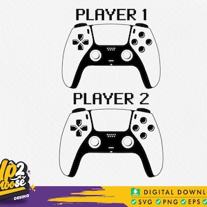 May include: Black and white digital illustration of two video game controllers with the text "Player 1" and "Player 2" above each controller.