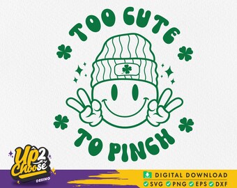 Troppo carino da pizzicare Svg, Retro St Patricks Day Svg, Trifoglio Svg, Faccina sorridente Svg, Maglietta di San Patrizio, Trifoglio, File Svg per Cricut