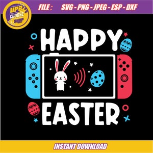 Puede incluir: Un diseño gráfico blanco sobre fondo negro con el texto "Feliz Pascua" y una imagen estilizada de una consola Nintendo Switch con un conejo y un huevo de Pascua dentro de la pantalla.