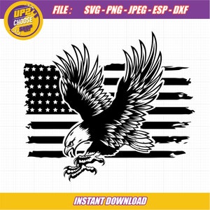 アメリカのハクトウワシ SVG、旗を持ったワシ SVG、アメリカのワシ SVG、旗を貫くワシ SVG、デジタル ファイル l SVG Jpg Eps PNG Dxf、Cricut 用