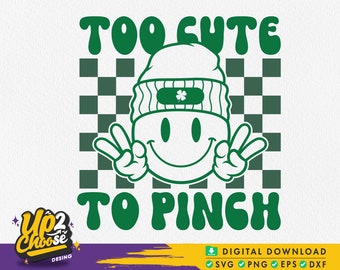 Troppo carino da pizzicare Svg, Retro St Patricks Day Svg, Trifoglio Svg, Faccina sorridente Svg, Maglietta di San Patrizio, Trifoglio, File Svg per Cricut