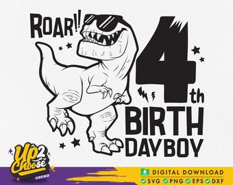 May include: Black and white illustration of a dinosaur wearing sunglasses with the text "Roar!" and "4th Birthday Boy".