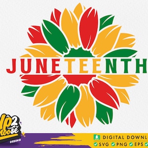 Puede incluir: Un diseño gráfico que presenta un girasol con pétalos rojos, amarillos y verdes. La palabra "Juneteenth" está escrita en el centro del girasol.