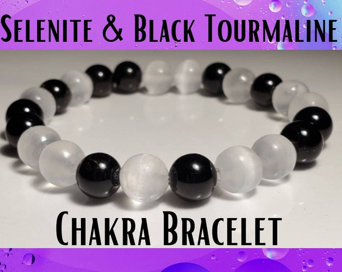 Selenite and Black Tourmaline Chakra Stretch Beaded Bracelet | Custom Designed Spiritual Intention Jewelry for Women and Men