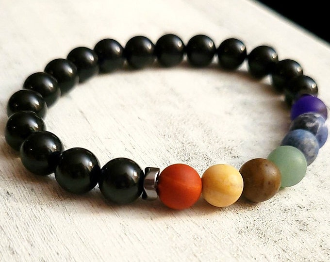 Black Tourmaline Seven Chakra Healing Bracelet - Matte 7 Chakra 8mm Beads - Energy Gemstone Bracelets - Meditation Jewelry and Gifts