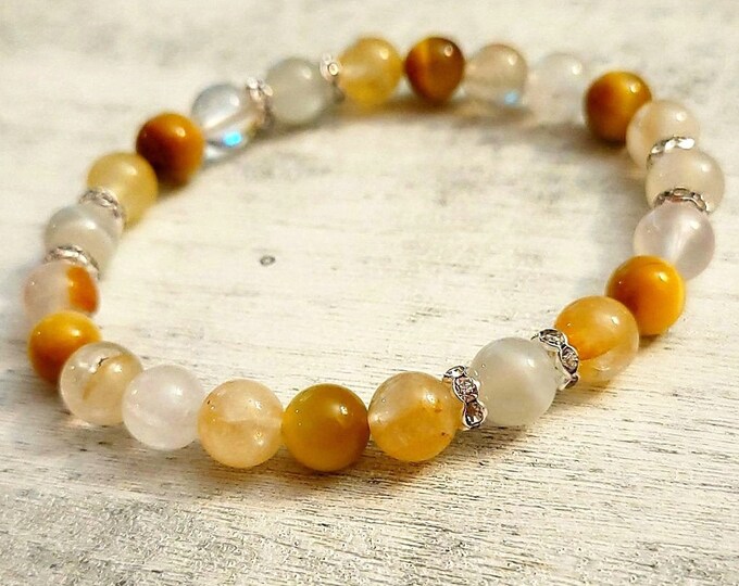 Yellow Quartz with Moonstone and Golden Tiger Eye Beaded Chakra Bracelet - Genuine Gemstone 8mm Healing Crystal Bracelets