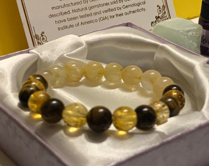 Genuine Citrine and Tiger Eye Beaded Gemstone Bracelet