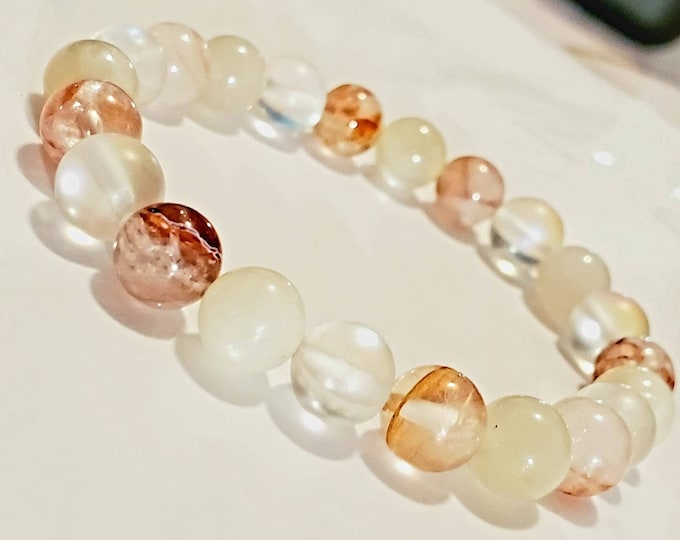 Moonstone with Multi Quartz Gemstone Beaded Stretch Crystal Healing Seven Chakra Bracelet