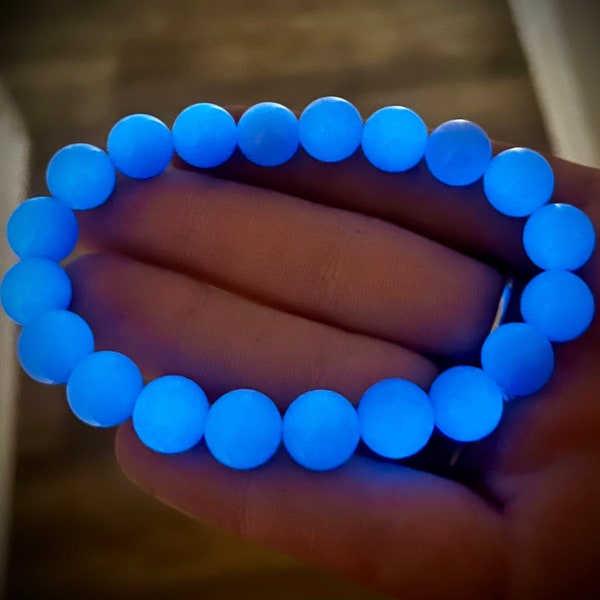 Heal the Past with Rare Glow in the Dark Blue Aragonite from Mexico Gemstone Beaded Chakra Bracelet 10mm for Men and Women
