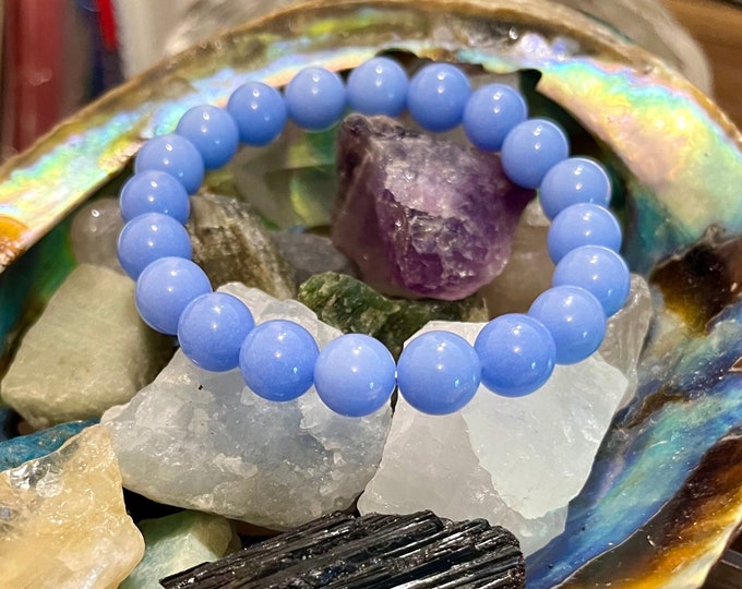 Heal the Past Trauma Bracelet with Rare Glow in the Dark Blue  Aragonite from Mexico Beaded Chakra Bracelet 8mm for Men and Women
