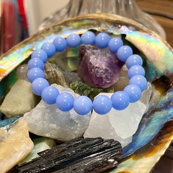 Heal the Past Trauma Bracelet with Rare Glow in the Dark Blue  Aragonite from Mexico Beaded Chakra Bracelet 10mm for Men and Women
