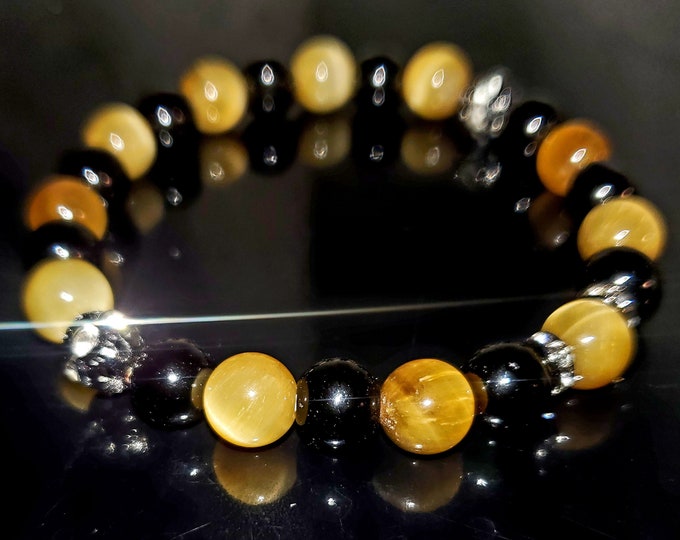 Striking Gold Yellow Tiger Eye Bracelet | Black Obsidian Gemstone Healing Bracelet | Natural Beaded Chakra Healing Bracelet