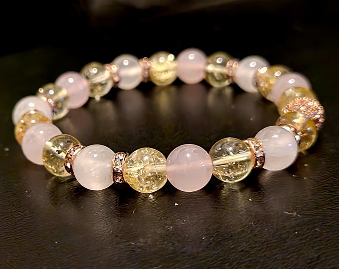 Citrine, Selenite & Rose Quartz Natural Crystal Bracelet - Healing Chakra Bracelet for Her- Gift Ideas - Meditation Jewelry