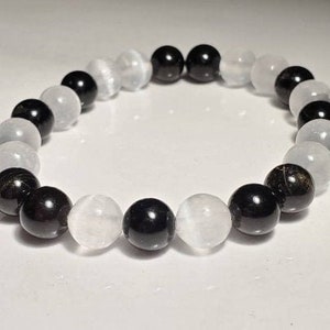 Selenite with Black Tourmaline Crystal Healing Chakra Stretch Bracelet for Protection,