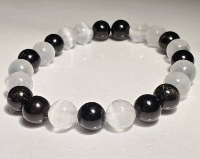 Selenite with Black Tourmaline Crystal Healing Chakra Stretch Bracelet for Protection,