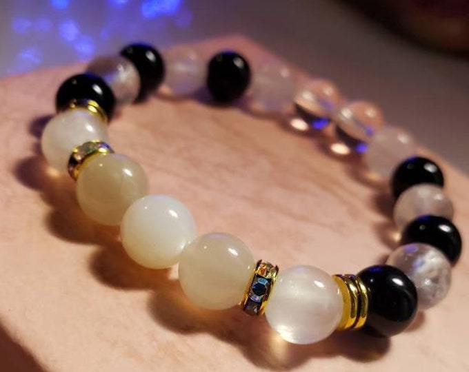 Rose Quartz with Moonstone Onyx Selenite Gemstone Beaded Stretch Crystal Healing Seven Chakra Bracelet