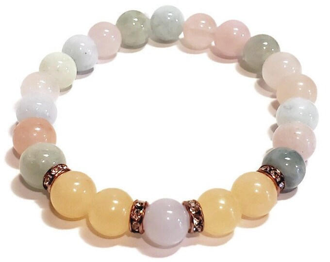 Natural Morganite & Yellow Jade Crystal Bracelet - Healing 8mm Gemstone Beads - Chakra Balance Bracelet - Meditation Jewelry