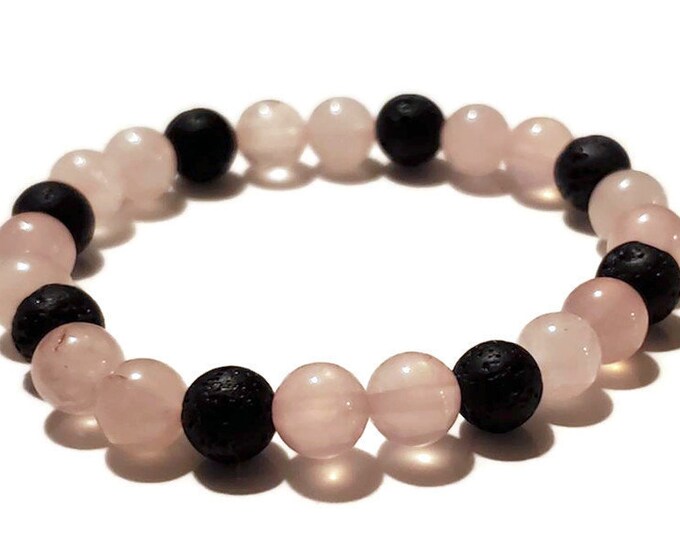 Rose Quartz Black Lava Rock - Natural Chakra Bracelet- Healing crystal gemstone bracelet