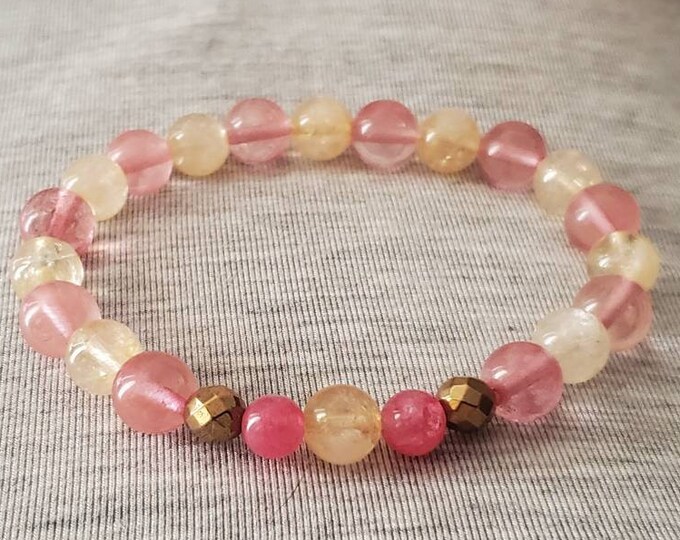 Citrine & Pink Cherry Quartz - Natural 8mm Beaded Gemstone Bracelet - Crystal Work and Spiritual Jewelry - Meditation Gifts for Her