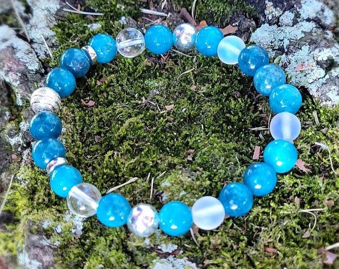 Natural Blue Apatite Crystal Healing Bracelet 8mm - Ovarian Cancer Crystal Healing Jewelry - Chakra Bracelet Gift Ideas for Anyone