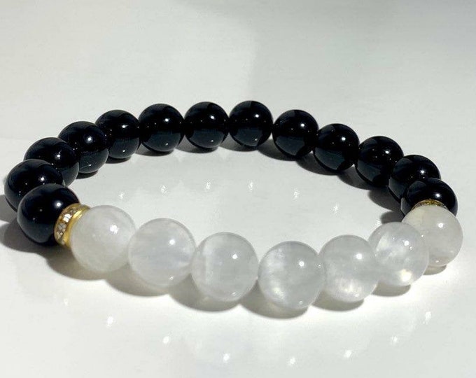 Selenite and Onyx Gemstone Beaded Chakra Healing Bracelet