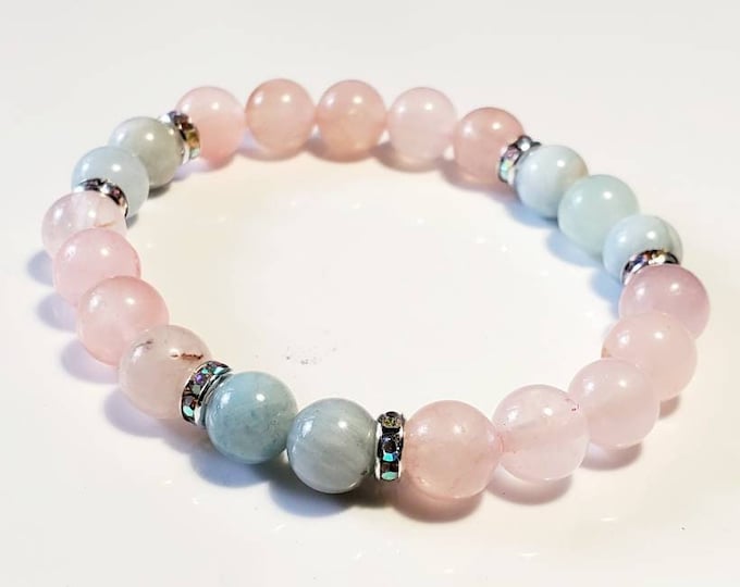 Rose Quartz with Aquamarine Crystal Beaded Gemstone Healing Chakra Bracelet 8mm Crystal Healing