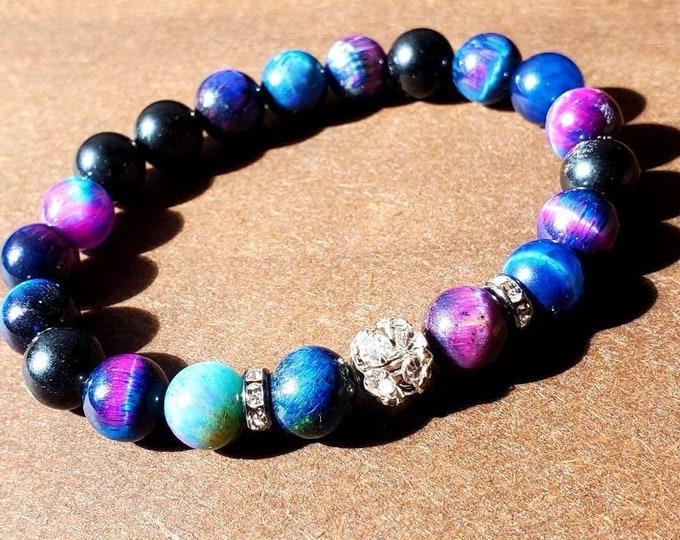 Galaxy Tiger's Eye Healing Bracelet - Black Obsidian 8mm Beads - Natural Chakra Bracelet - Unique Gifts and Meditation Jewelry