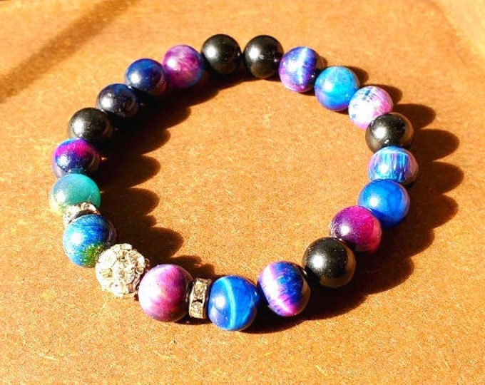 Galaxy Tiger's Eye Gemstone Healing Bracelet - Black Obsidian Natural Gemstone Healing - Chakra Bracelet - Balance Your Chakras