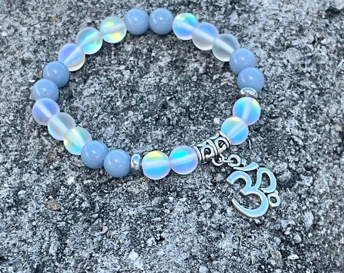 Silver Ohm Charm Third Eye Chakra Bracelet with Angelite and Angel Aura Opalite Crystal Healing Beads