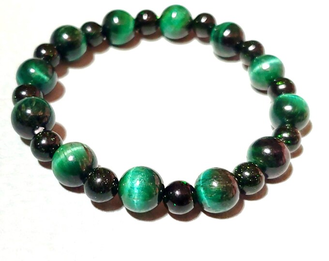 Sparkling Green Goldstone with Green Tigers Eye Gemstone Beaded Stretch Crystal Healing Seven Chakra Bracelet
