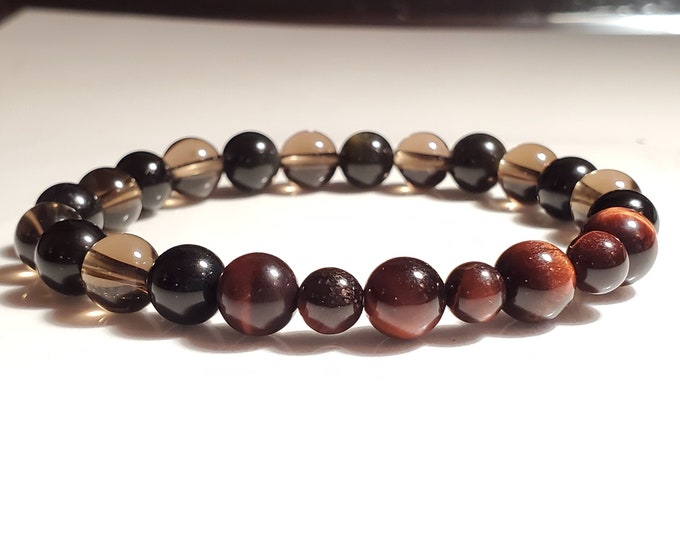 Men's Tiger Eye with Quartz Gemstone Beaded Stretch Crystal Healing Seven Chakra Bracelet