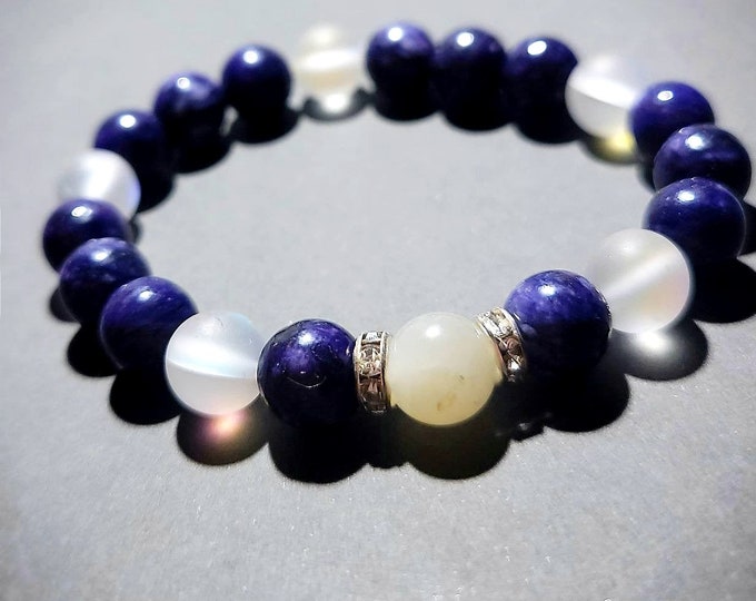 Russian Purple Charoite & Moonstone Bracelet - Crystals for Healing - 8mm Natural Gemstone Chakra Bracelet - Gifts for Her