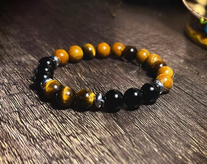 Natural Black Onyx, Brown Tigers Eye Crystal Bracelet - Healing Gemstone 8mm Chakra Bracelet