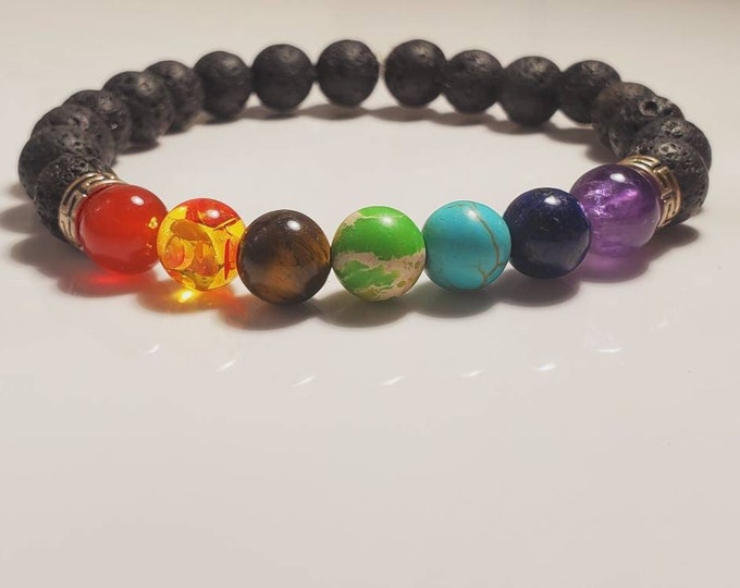 Natural 7 Chakra Bracelet - 8mm Crystal Healing Beads & Lava Rock - Meditation and Manifestation Jewelry - Gifts for Anyone